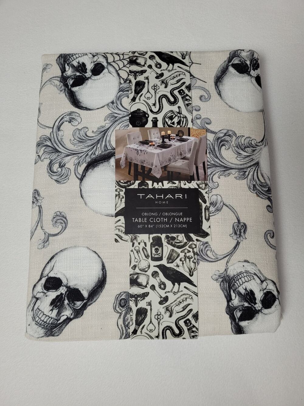 Tahari Home Tablecloth Oblong 60" x 84" Skulls And Spiderwebs